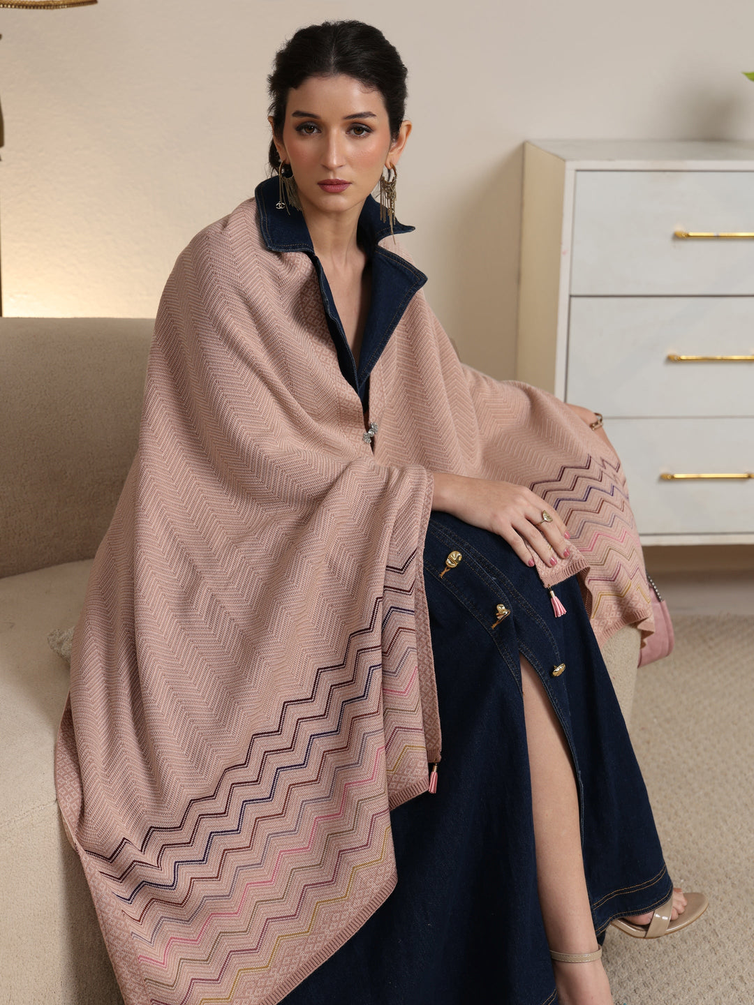  Libas Pink Chevron Knitted Acrylic Wrap Shawl 