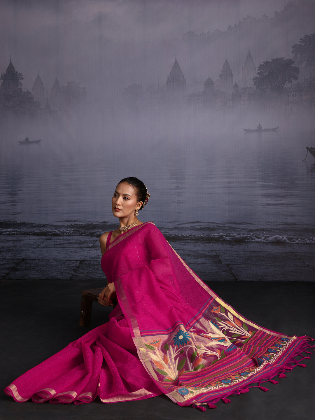 Libas Pink Cotton Blend Saree with Floral Woven Design Pallu