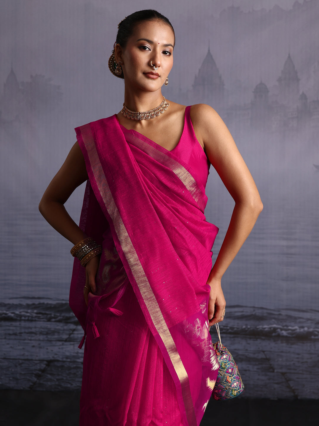  Libas Pink Cotton Blend Saree with Golden Floral Woven Design Pallu 