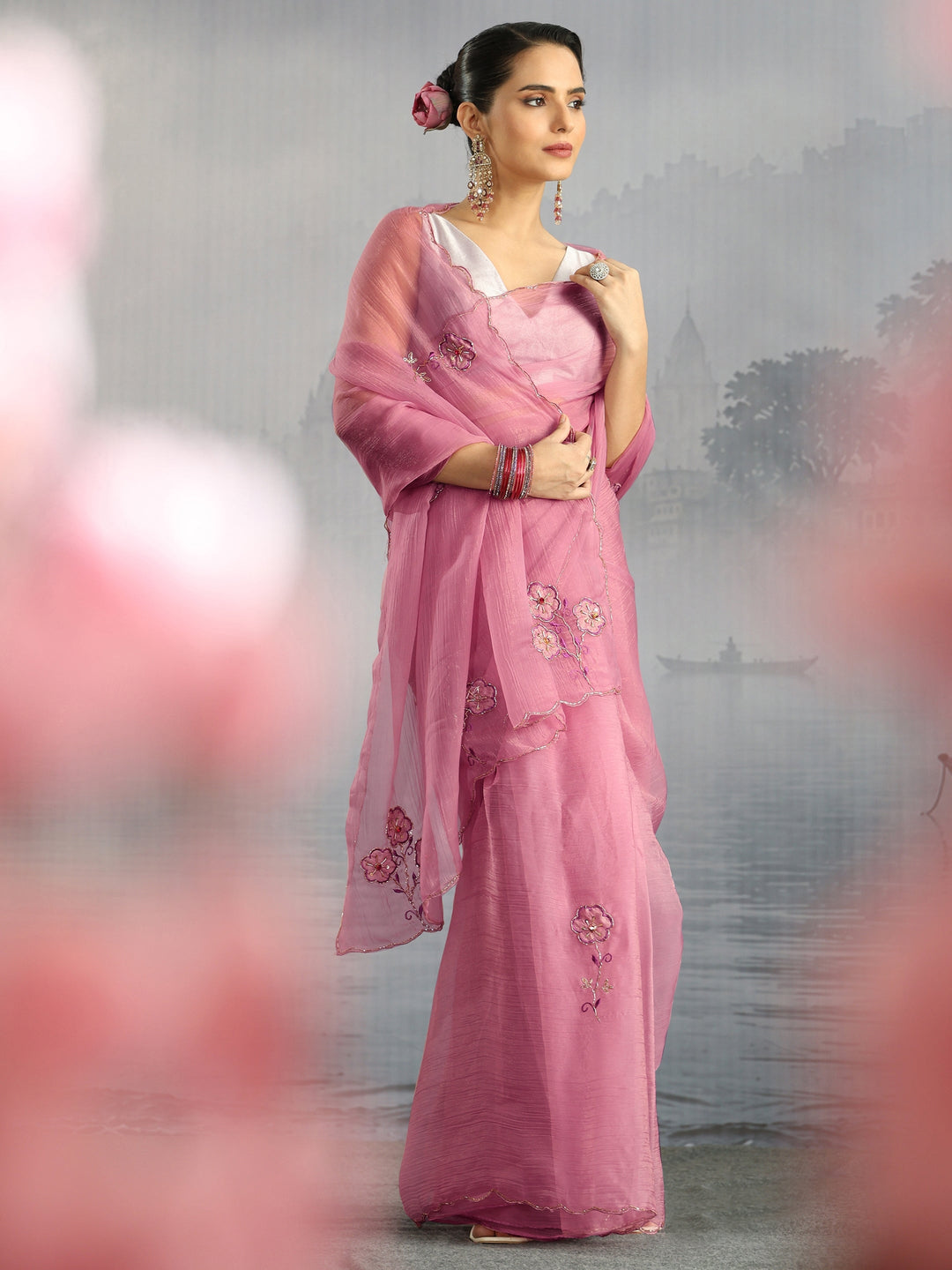  Libas Pink Embellished Organza Saree with Applique Work 