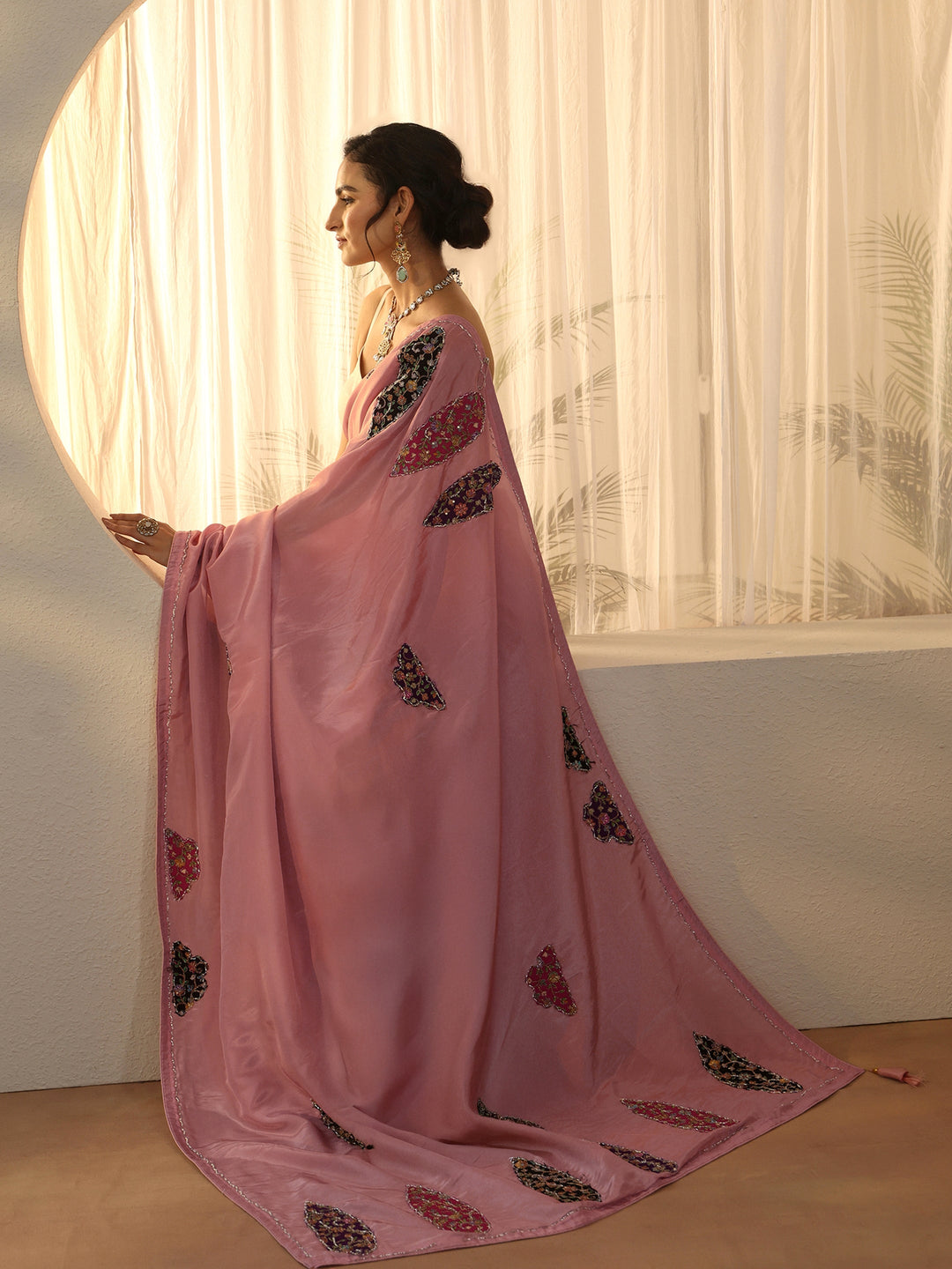  Libas Pink Embellished Satin Saree with Applique Design 