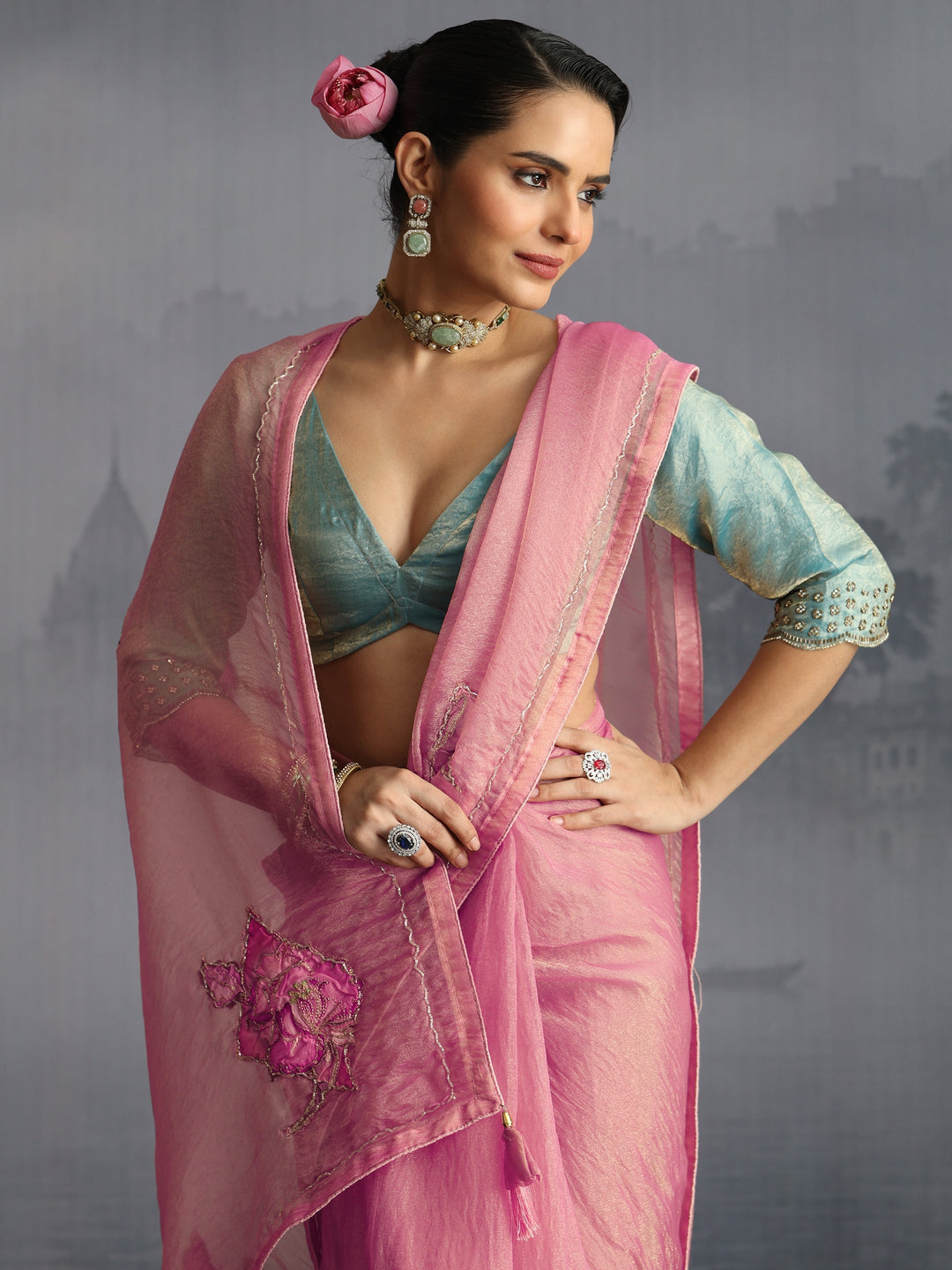 Libas Pink Embellished Tissue Saree with Applique Work