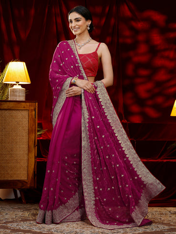 Libas Pink Embroidered Tissue Saree