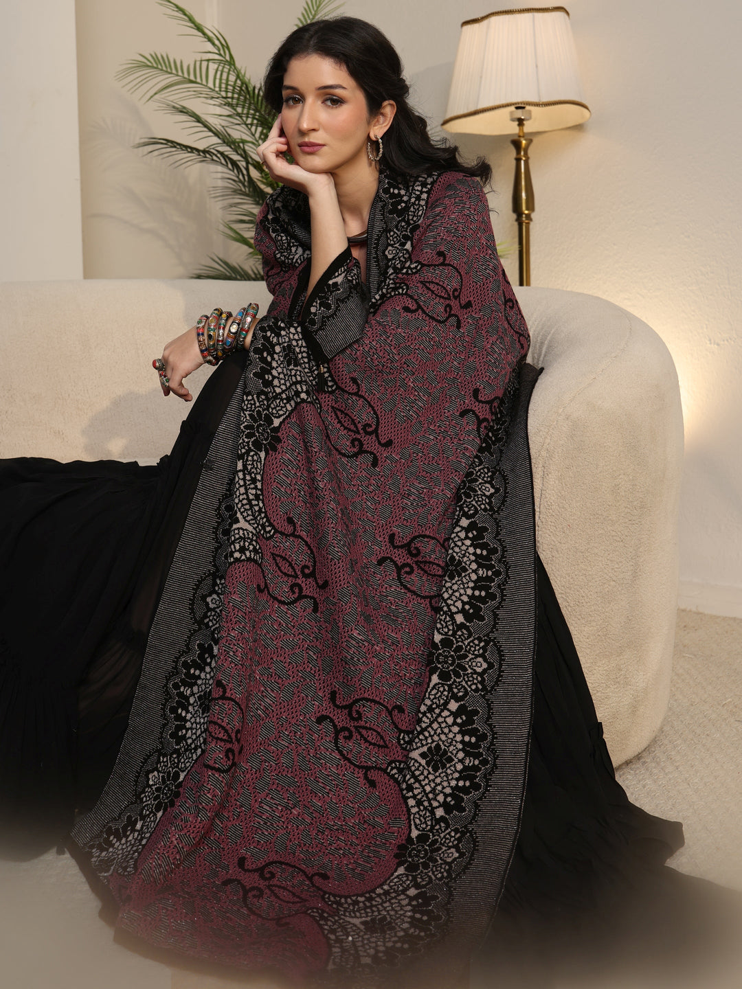  Libas Pink Ethnic Knitted Acrylic Wrap Shawl 