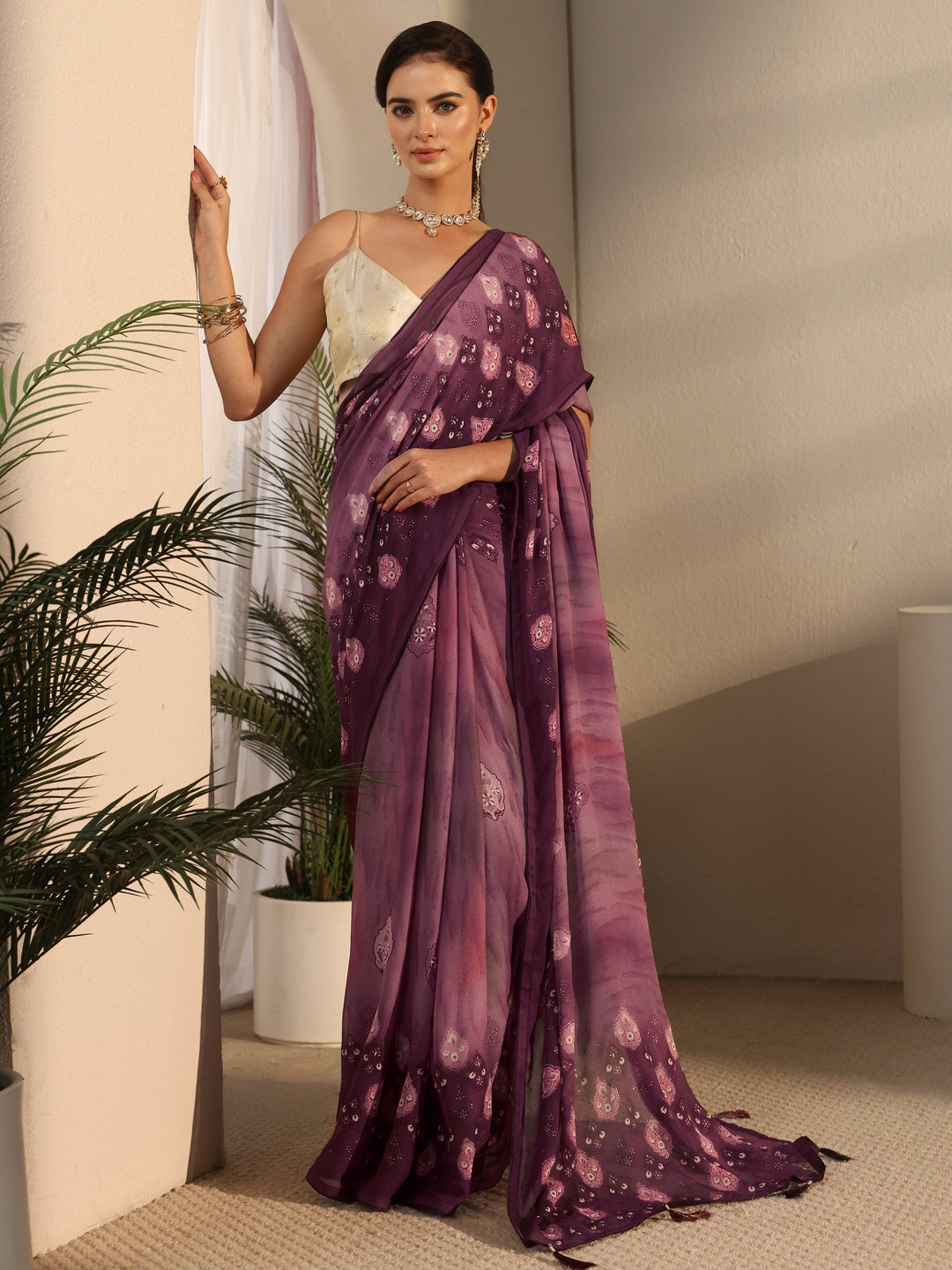 Libas Pink Ethnic Printed Georgette Saree