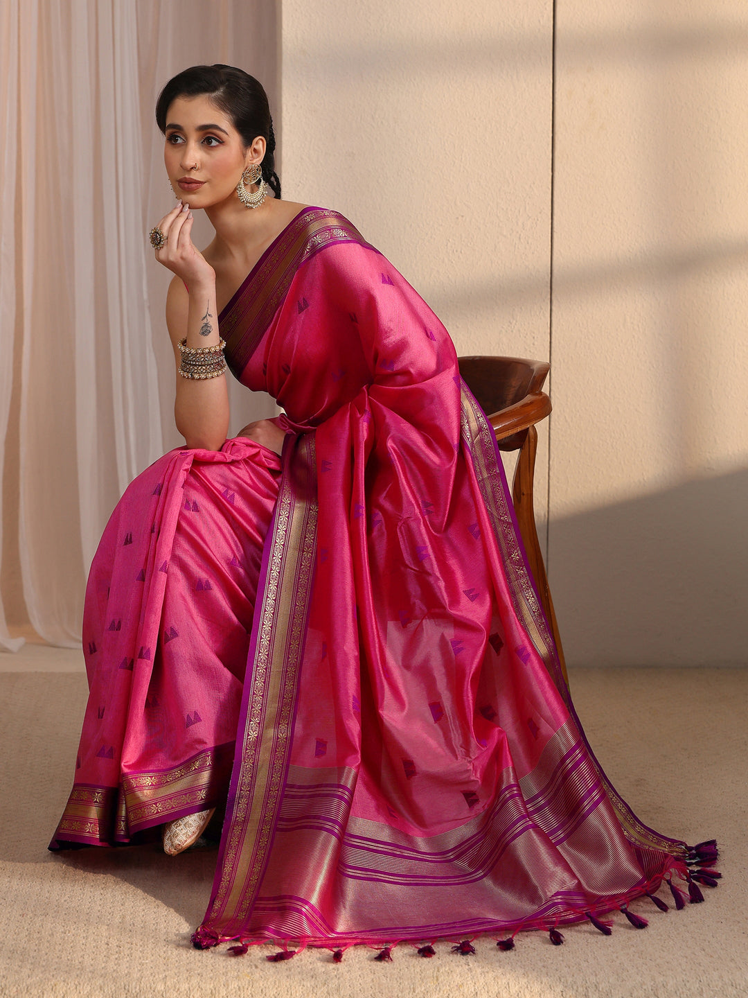  Libas Pink Ethnic Woven Design Silk Blend Tassel Saree 