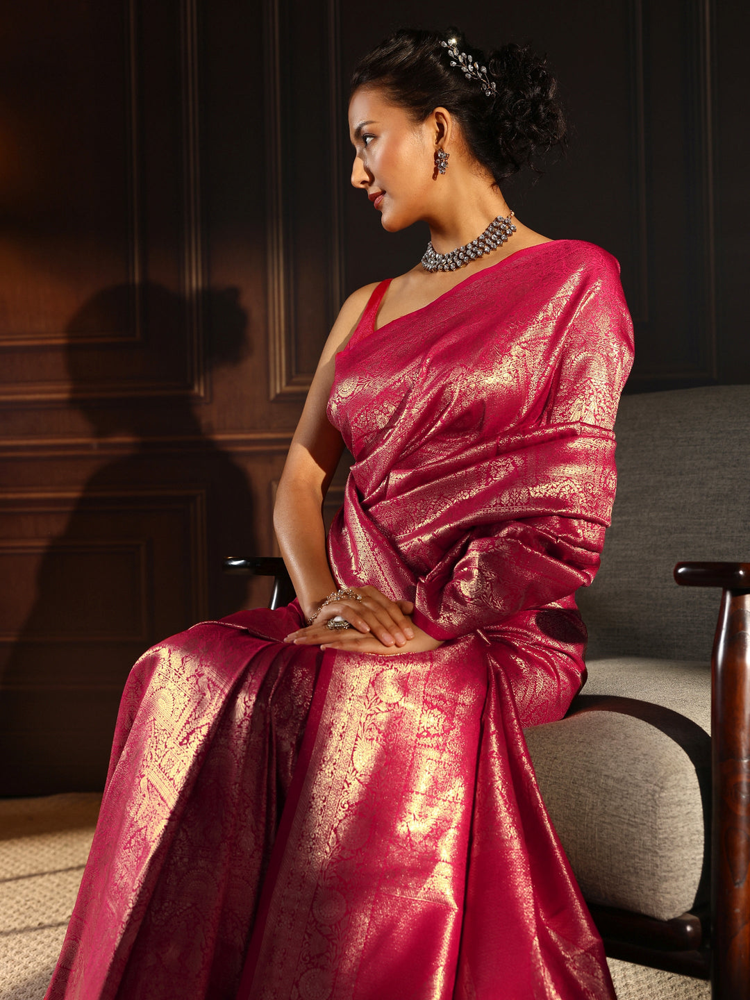  Libas Pink Ethnic Woven Design Silk Blend Tassel Saree 