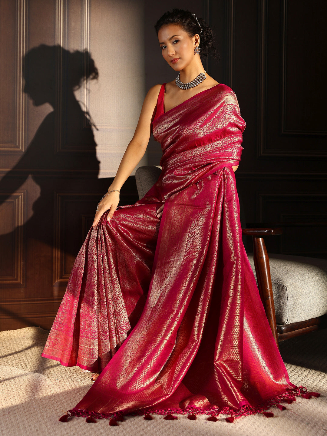  Libas Pink Ethnic Woven Design Silk Blend Tassel Saree 