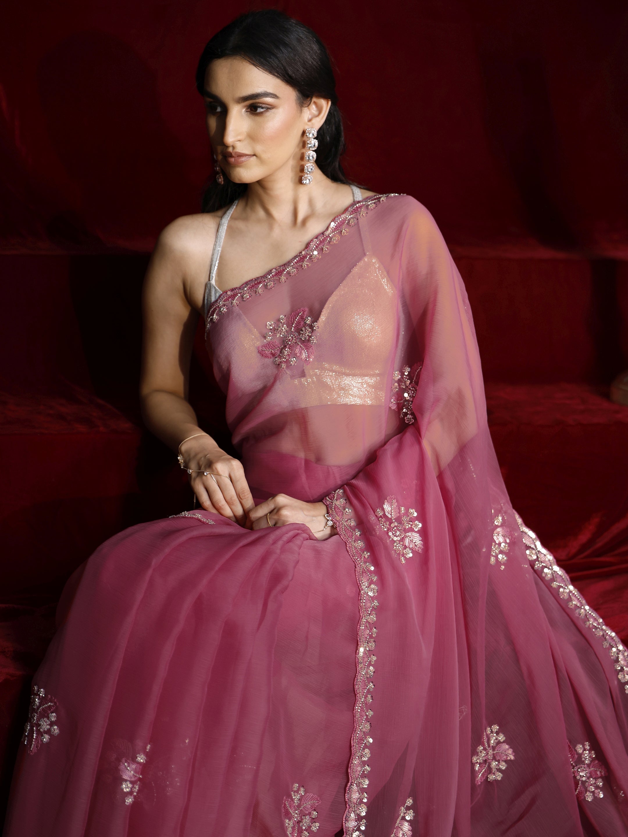 Libas Pink Floral Embellished Chiffon Saree-picture-55