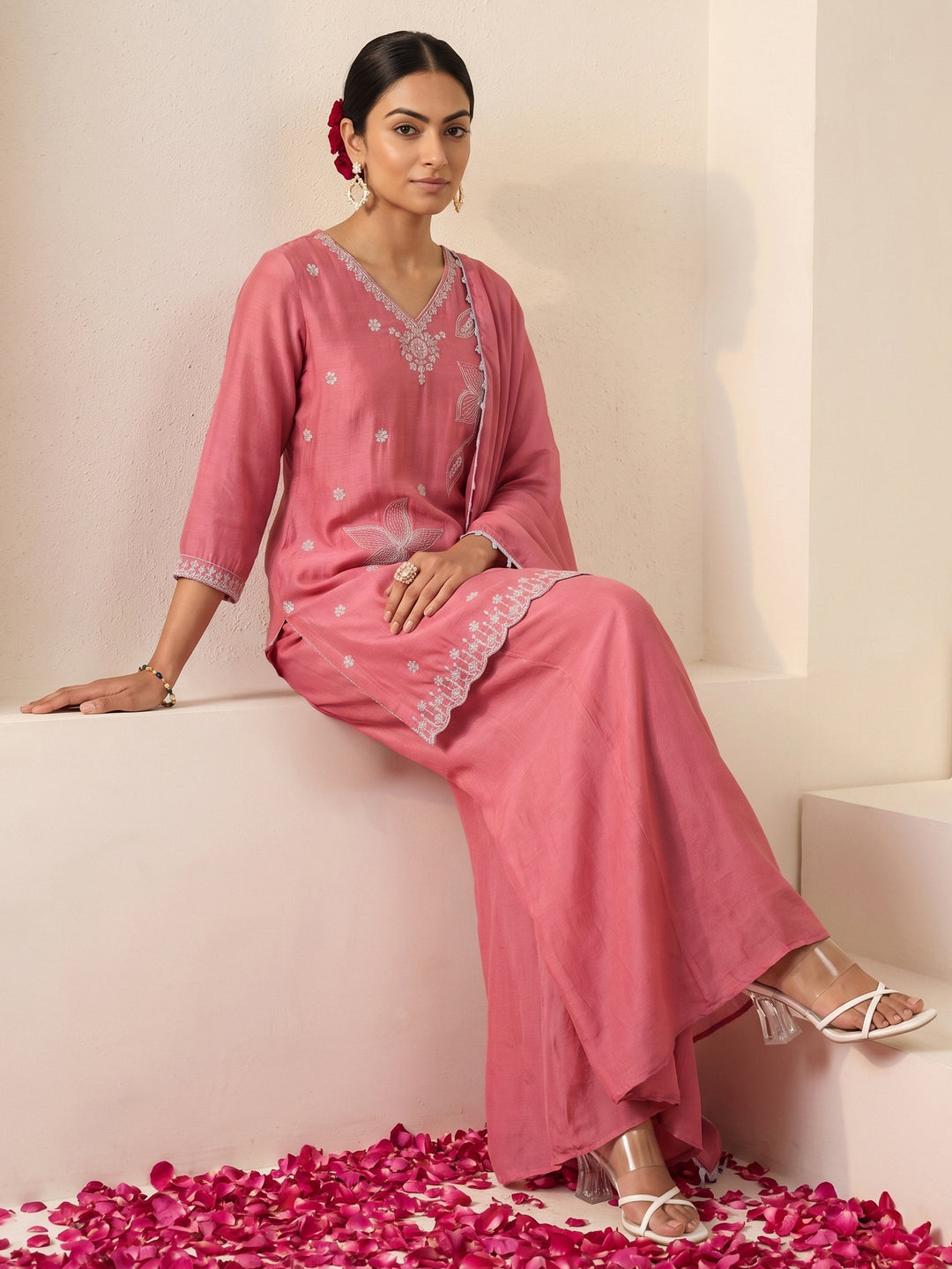  Libas Pink Floral Embellished Chinon Palazzo Suit Set 