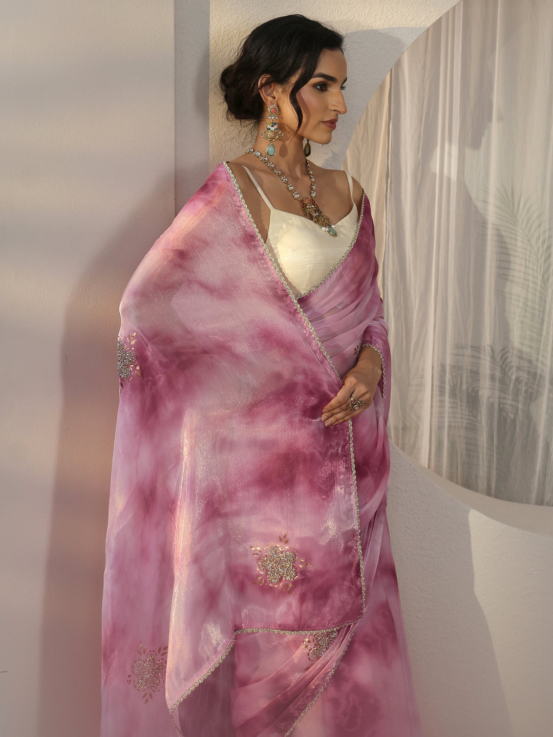  Libas Pink Floral Embellished Tissue Saree 