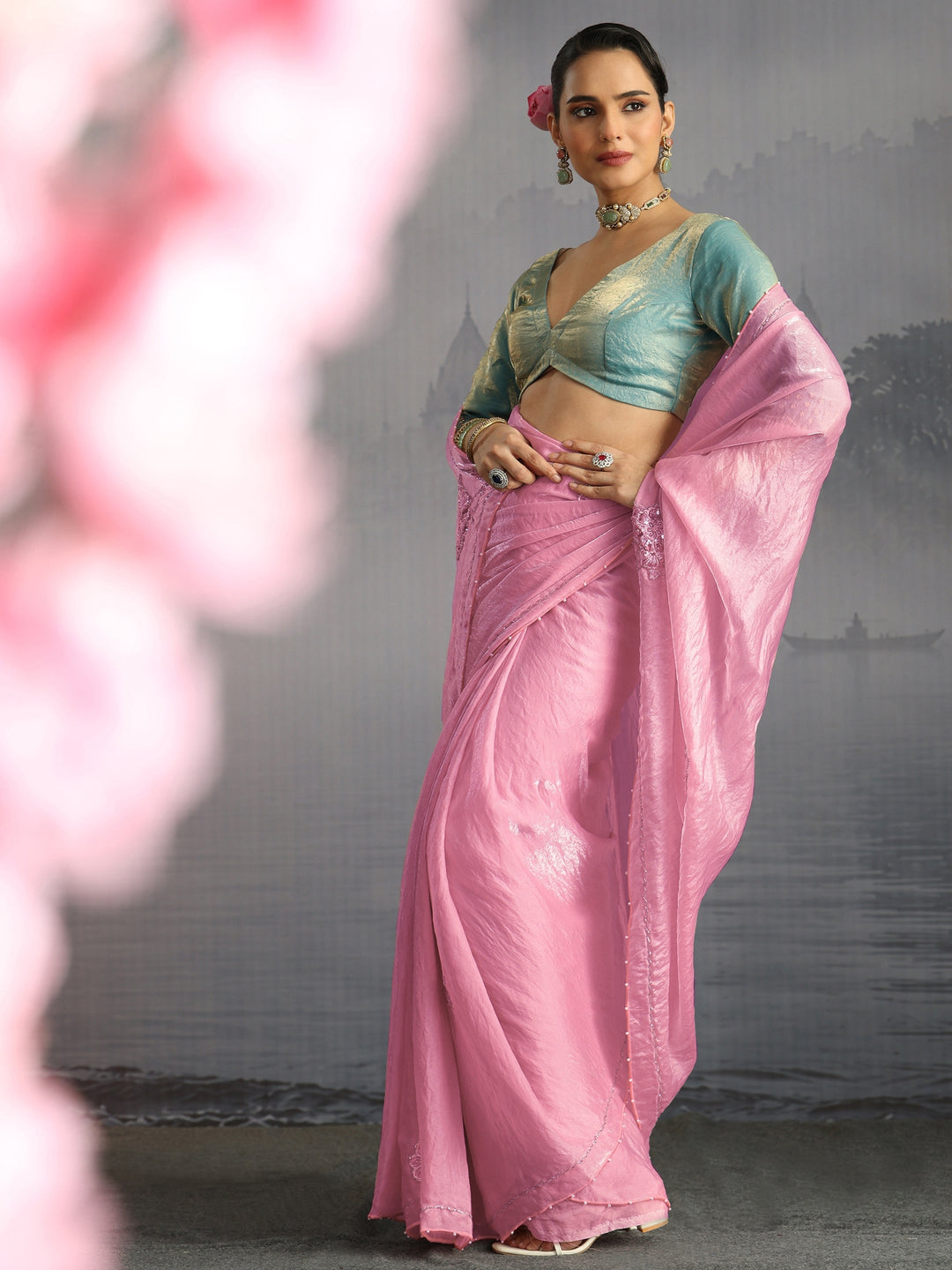  Libas Pink Floral Embellished Tissue Saree 