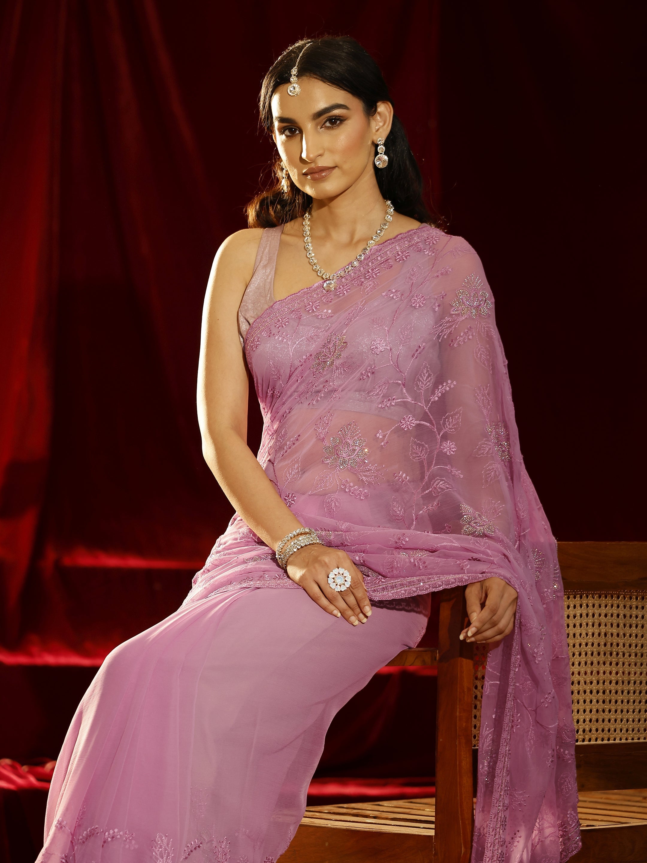 Libas Pink Floral Embroidered Chiffon Saree-picture-68