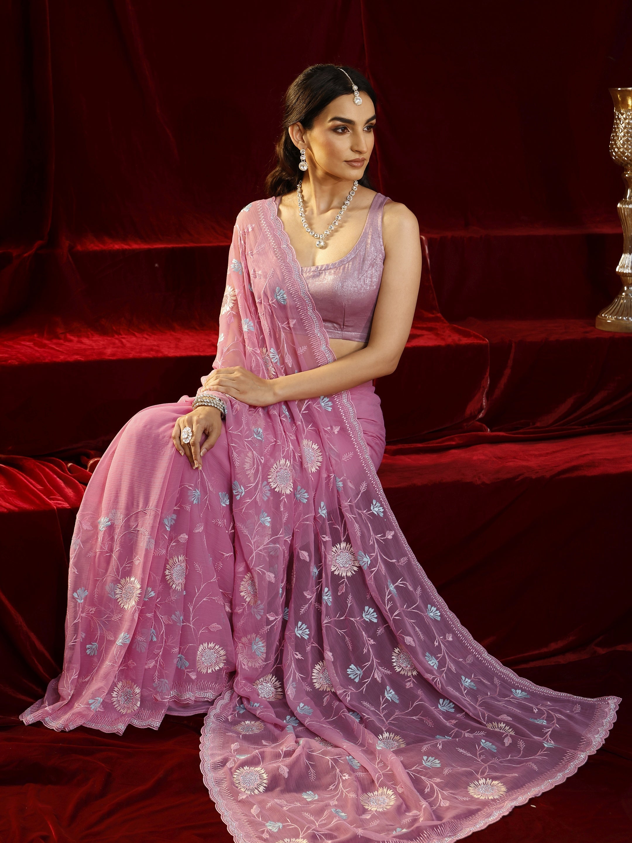 Libas Pink Floral Embroidered Chiffon Saree-picture-10