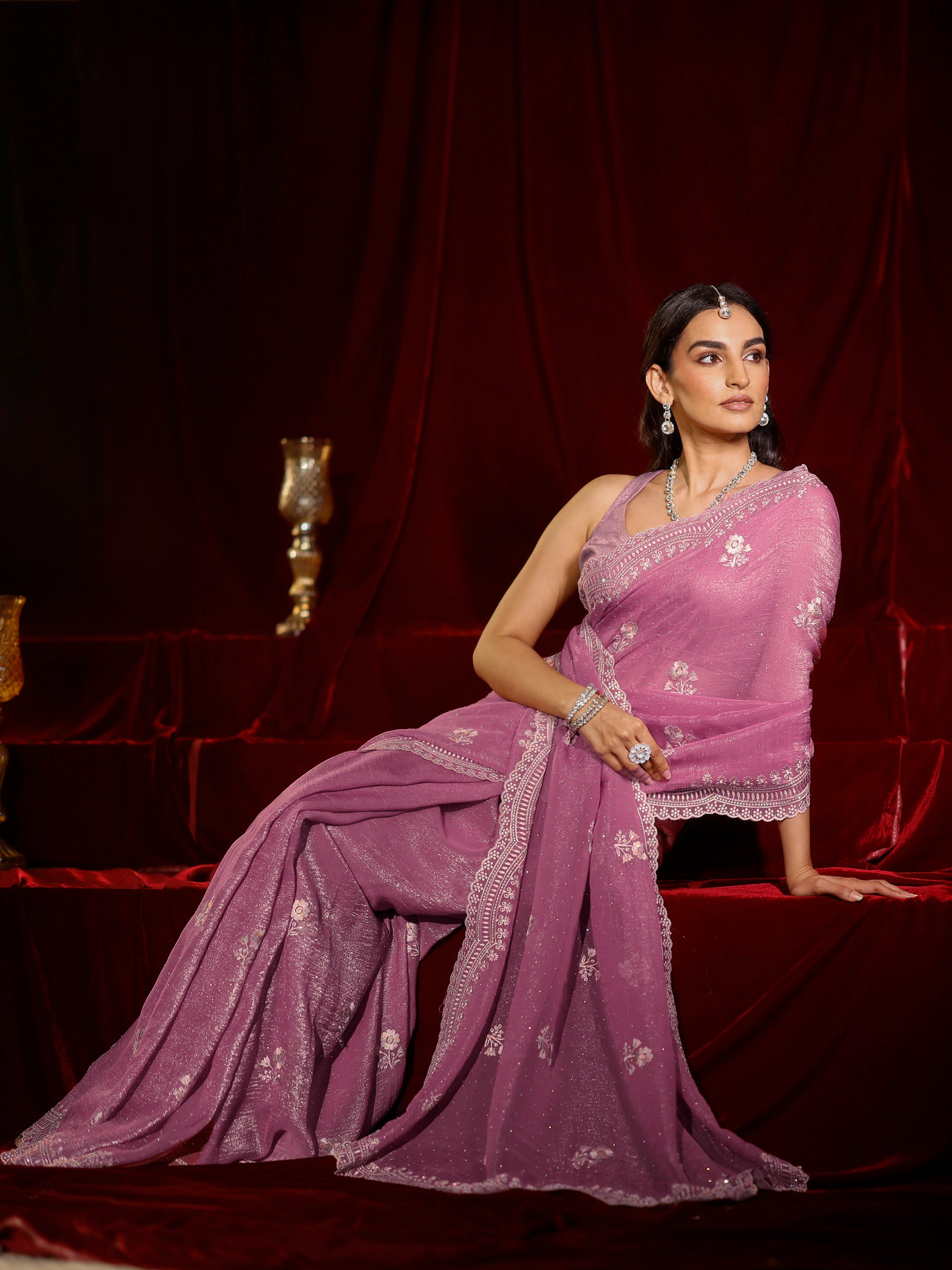 Libas Pink Floral Embroidered Chiffon Saree-picture-66