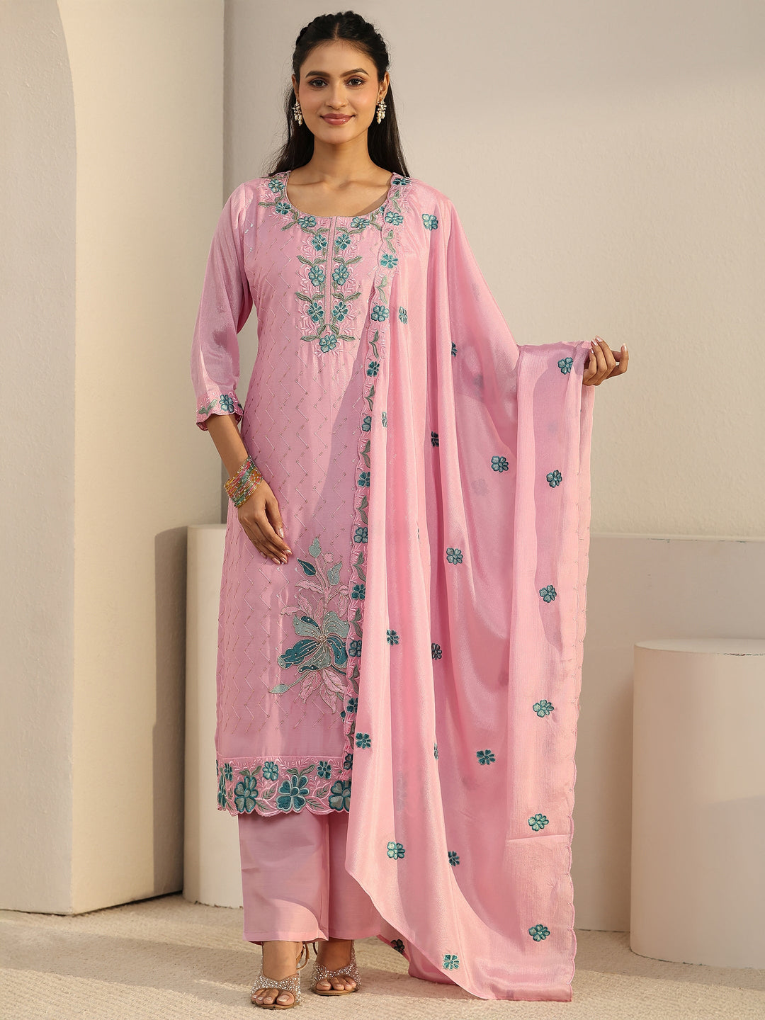 Libas Pink Floral Embroidered Chinon Straight Suit Set