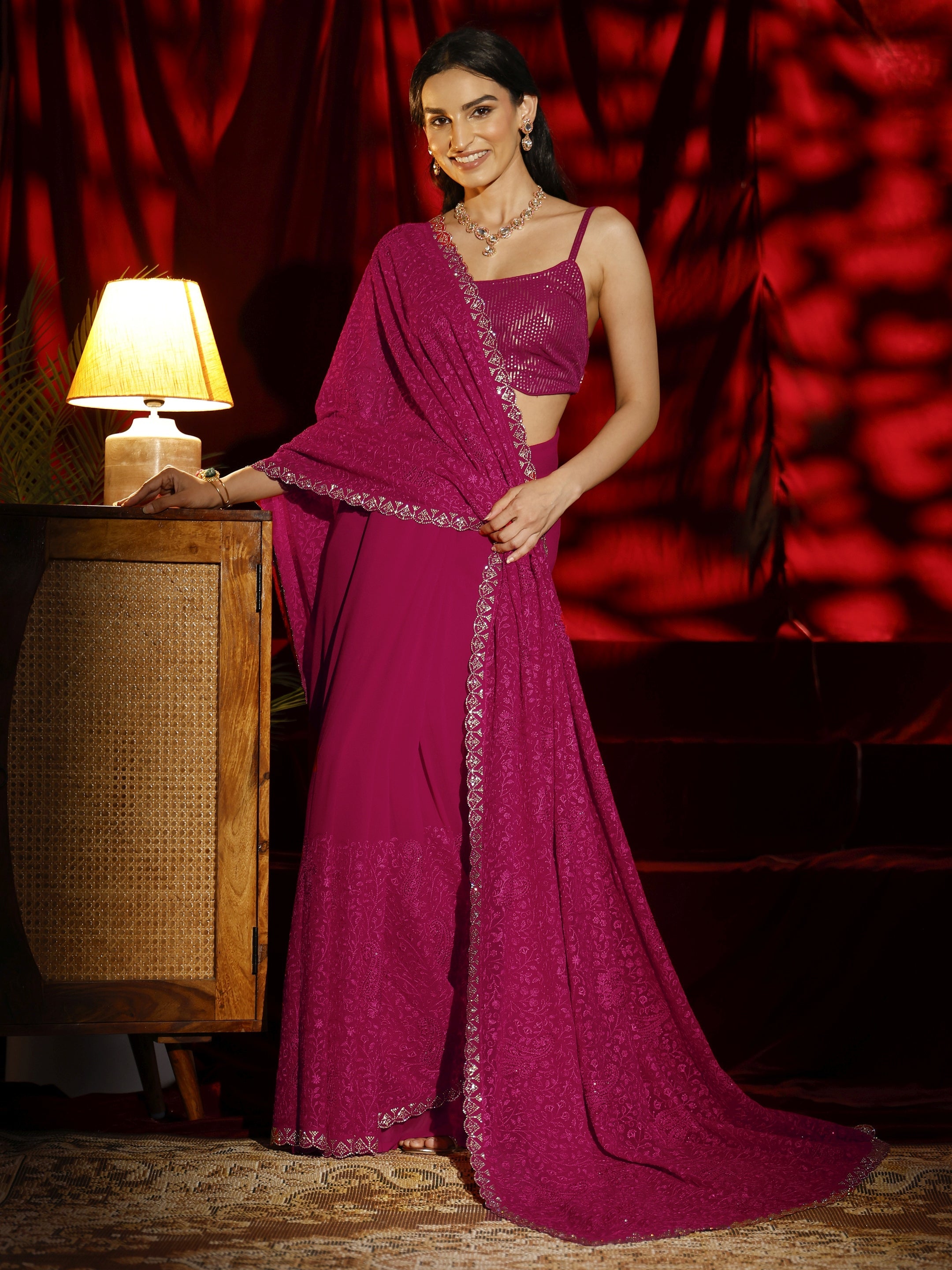 Libas Pink Floral Embroidered Georgette Saree-picture-27