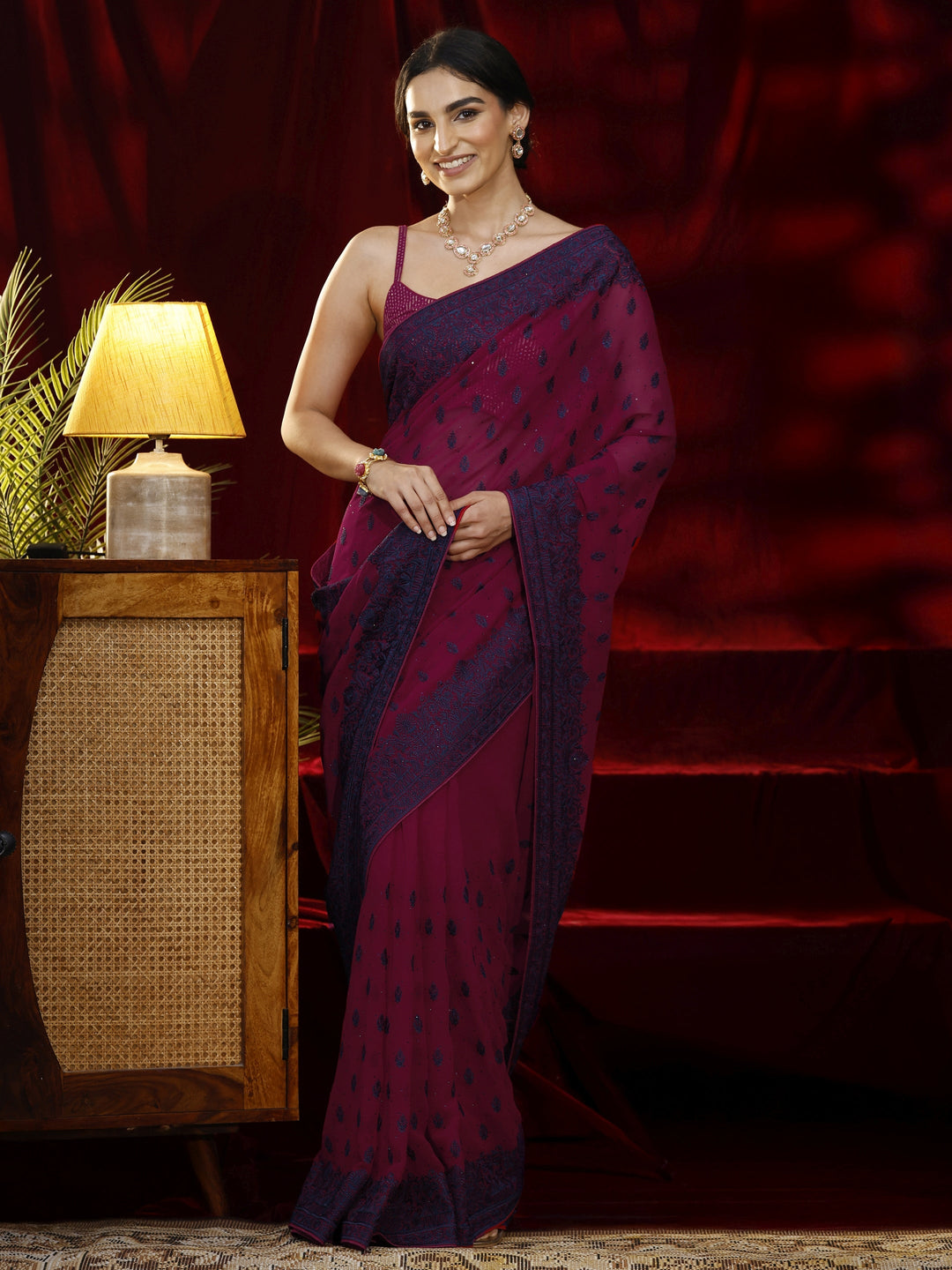  Libas Pink Floral Embroidered Georgette Saree 