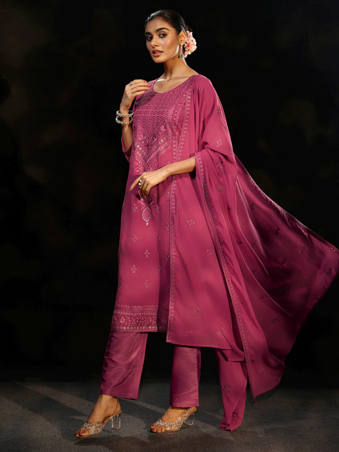  Libas Pink Floral Embroidered Georgette Straight Suit Set 