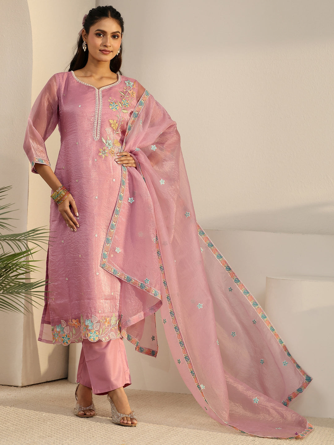  Libas Pink Floral Embroidered Organza Straight Suit Set 