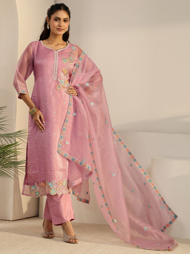 Libas Pink Floral Embroidered Organza Straight Suit Set