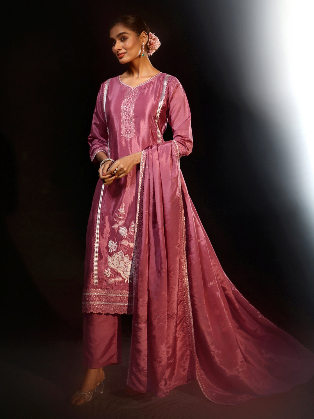  Libas Pink Floral Embroidered Organza Straight Suit Set 