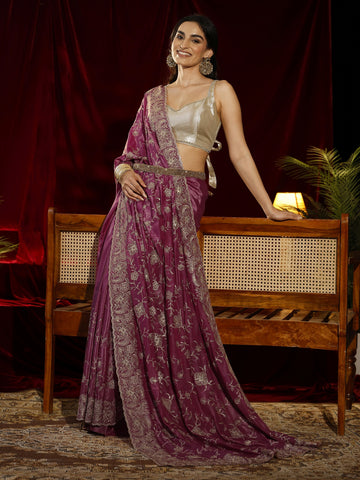Libas Pink Floral Embroidered Satin Saree