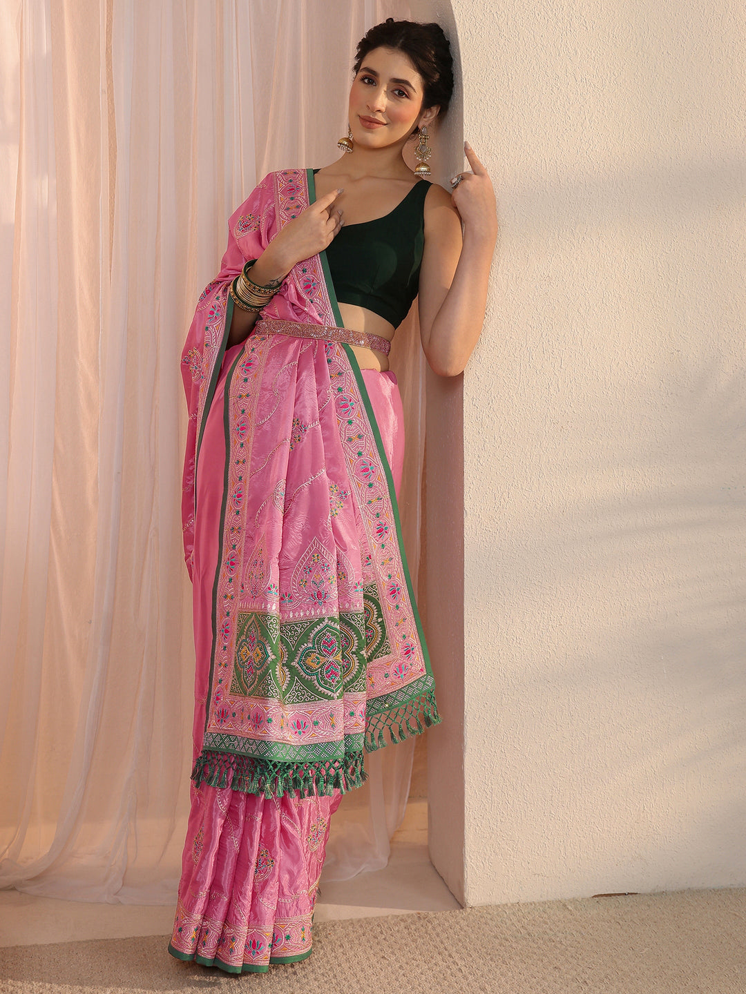  Libas Pink Floral Embroidered Satin Tassel Saree 