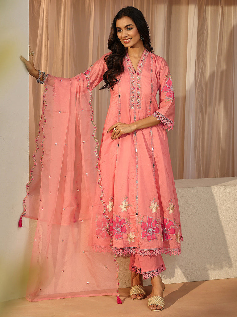 Libas Pink Floral Embroidered Silk Blend A-Line Suit Set With Dupatta