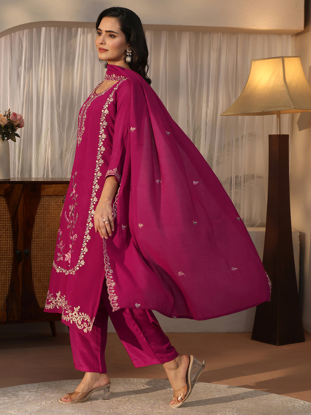 Libas Pink Floral Embroidered Silk Blend Straight Suit Set