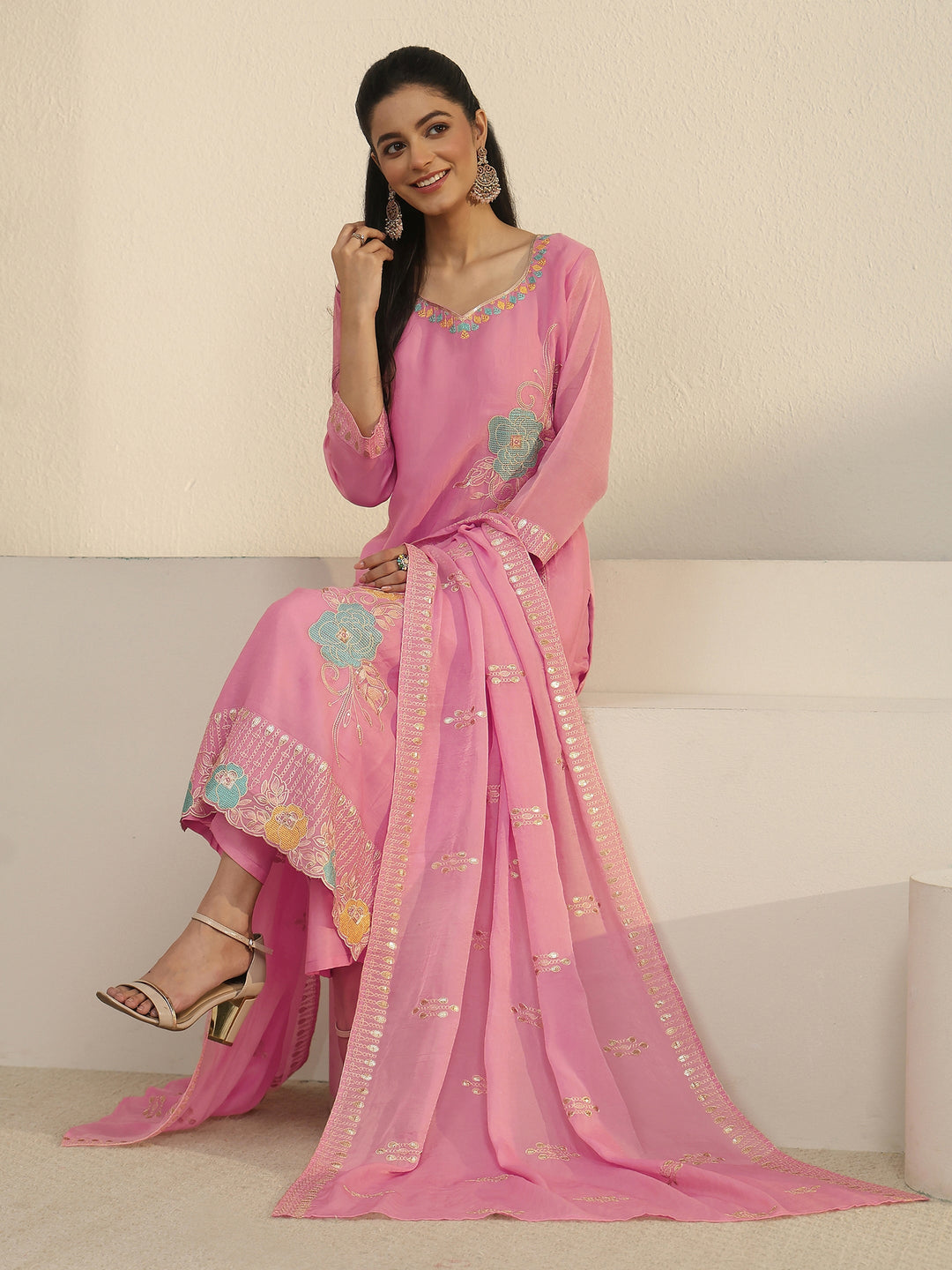  Libas Pink Floral Embroidered Silk Blend Straight Suit Set 