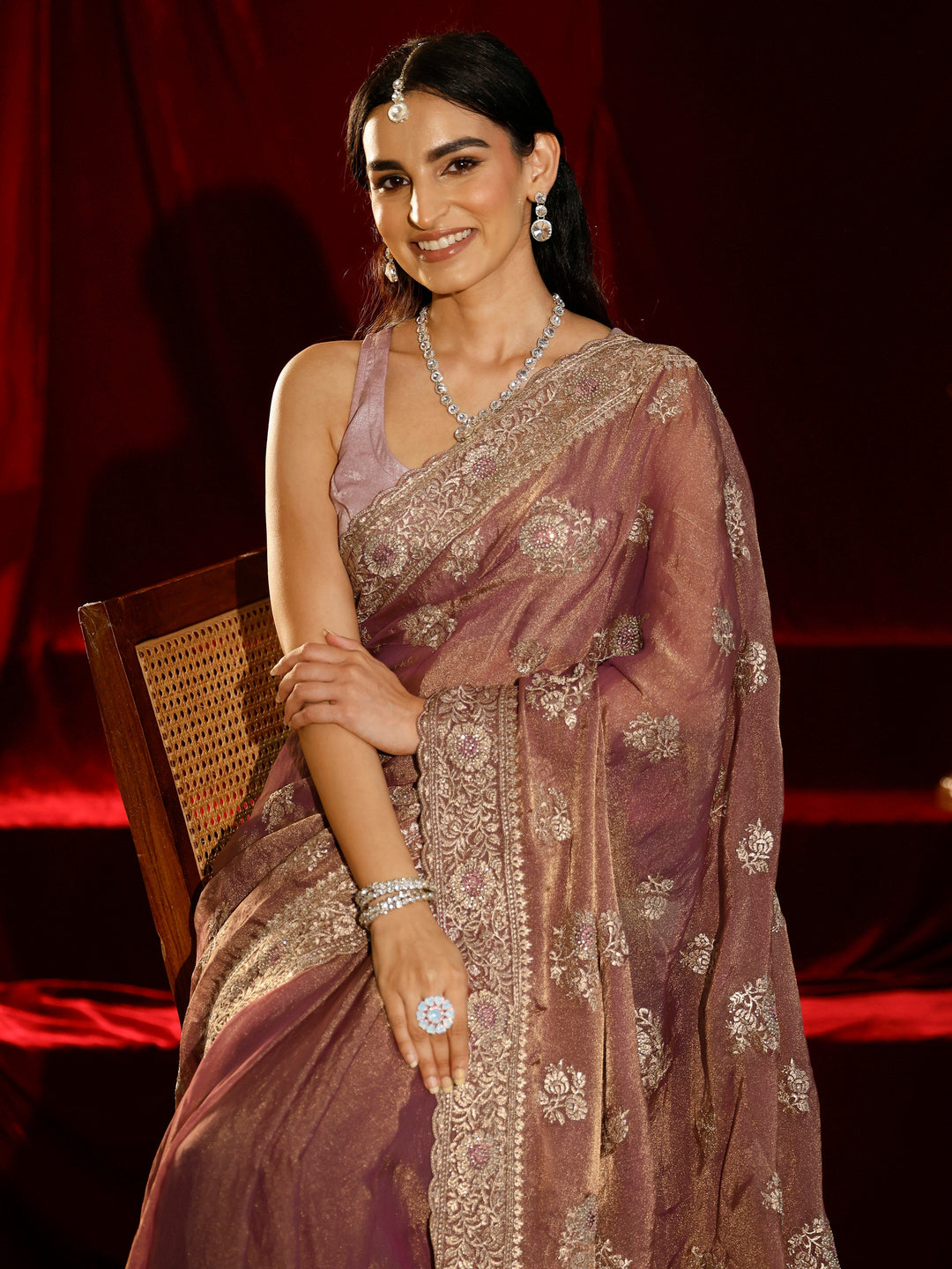  Libas Pink Floral Embroidered Tissue Saree 