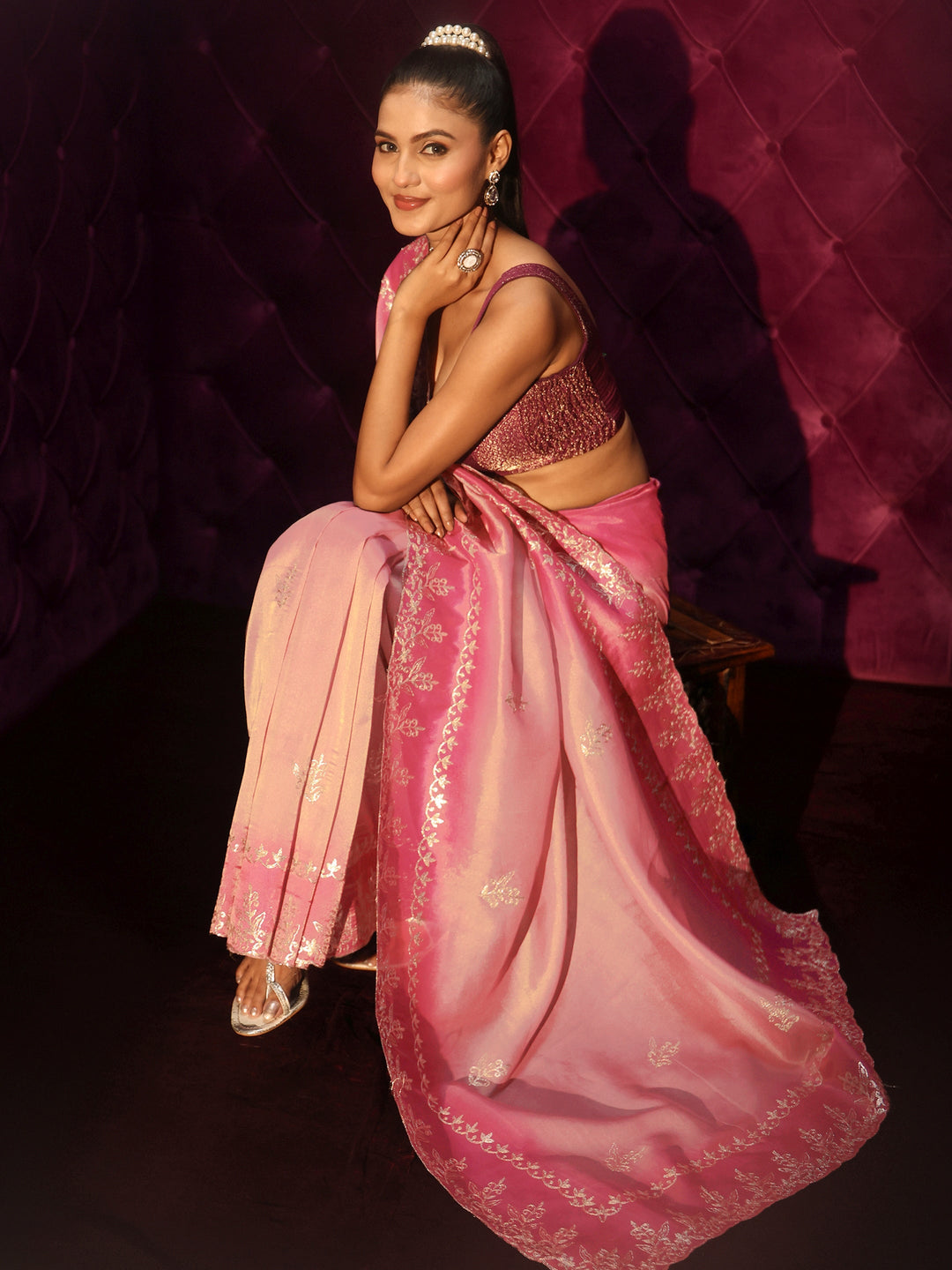 Libas Pink Floral Embroidered Tissue Saree
