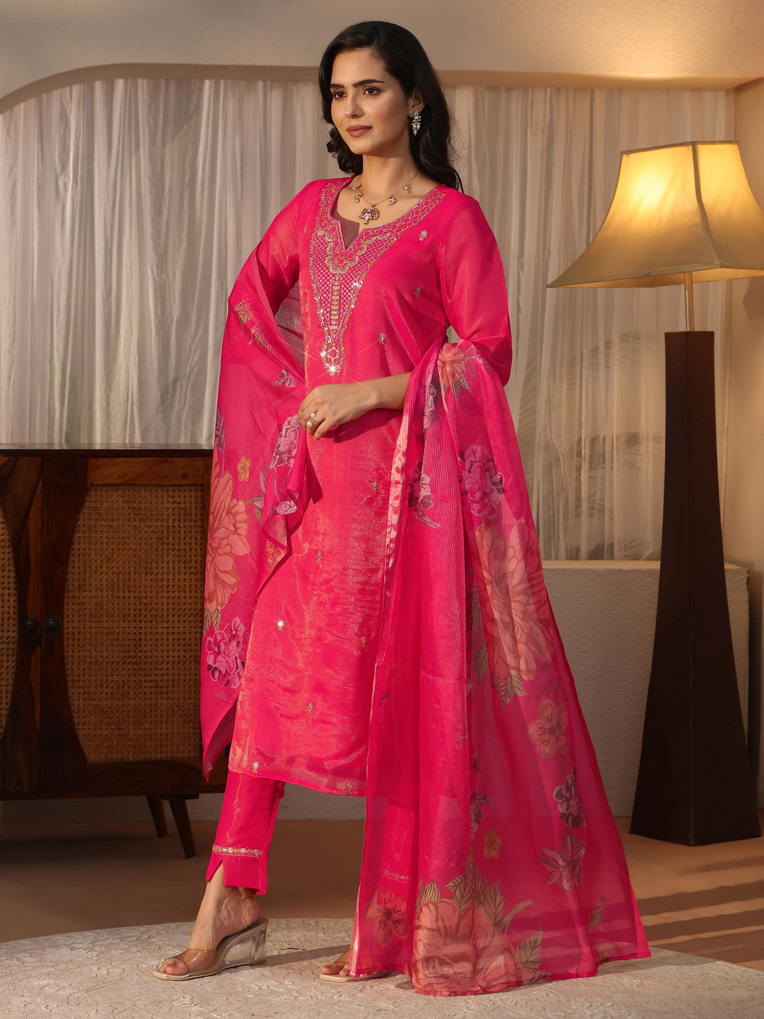  Libas Pink Floral Embroidered Tissue Straight Suit Set 