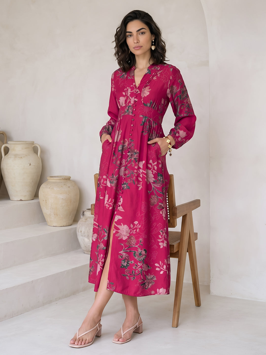 Libas Pink Floral Printed A-Line Silk Blend Dress
