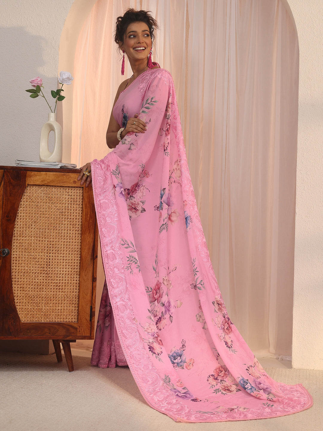  Libas Pink Floral Printed Chiffon Saree with Embroidered Border 