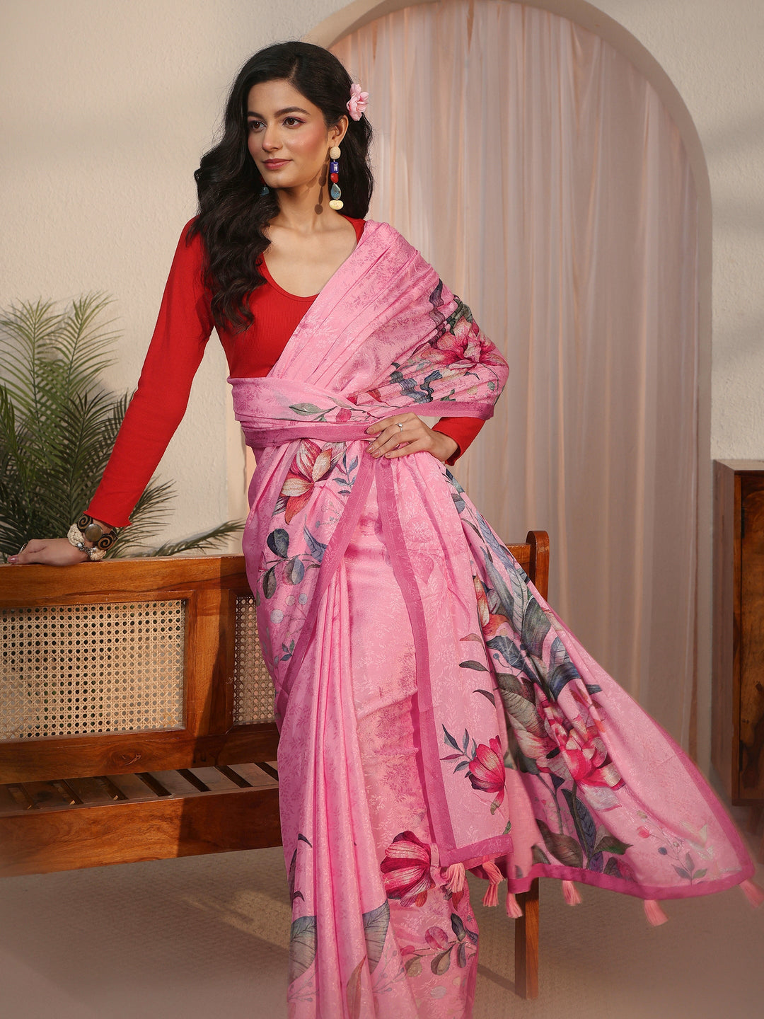 Libas Pink Floral Printed Chiffon Tassel Saree