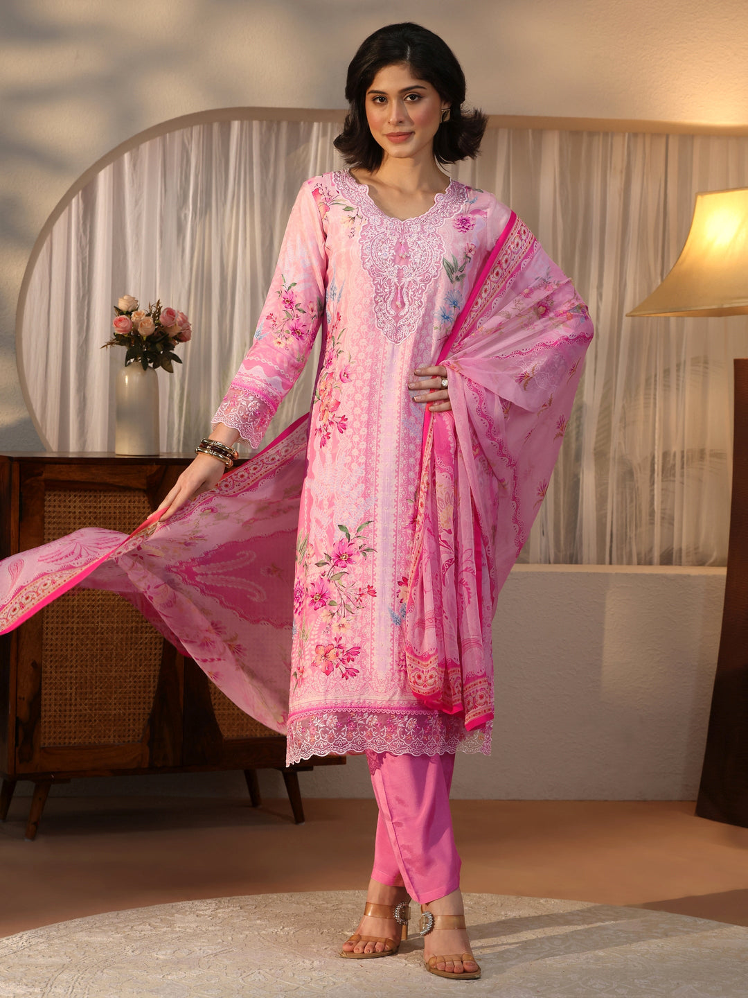  Libas Pink Floral Printed Crepe Straight Suit Set 