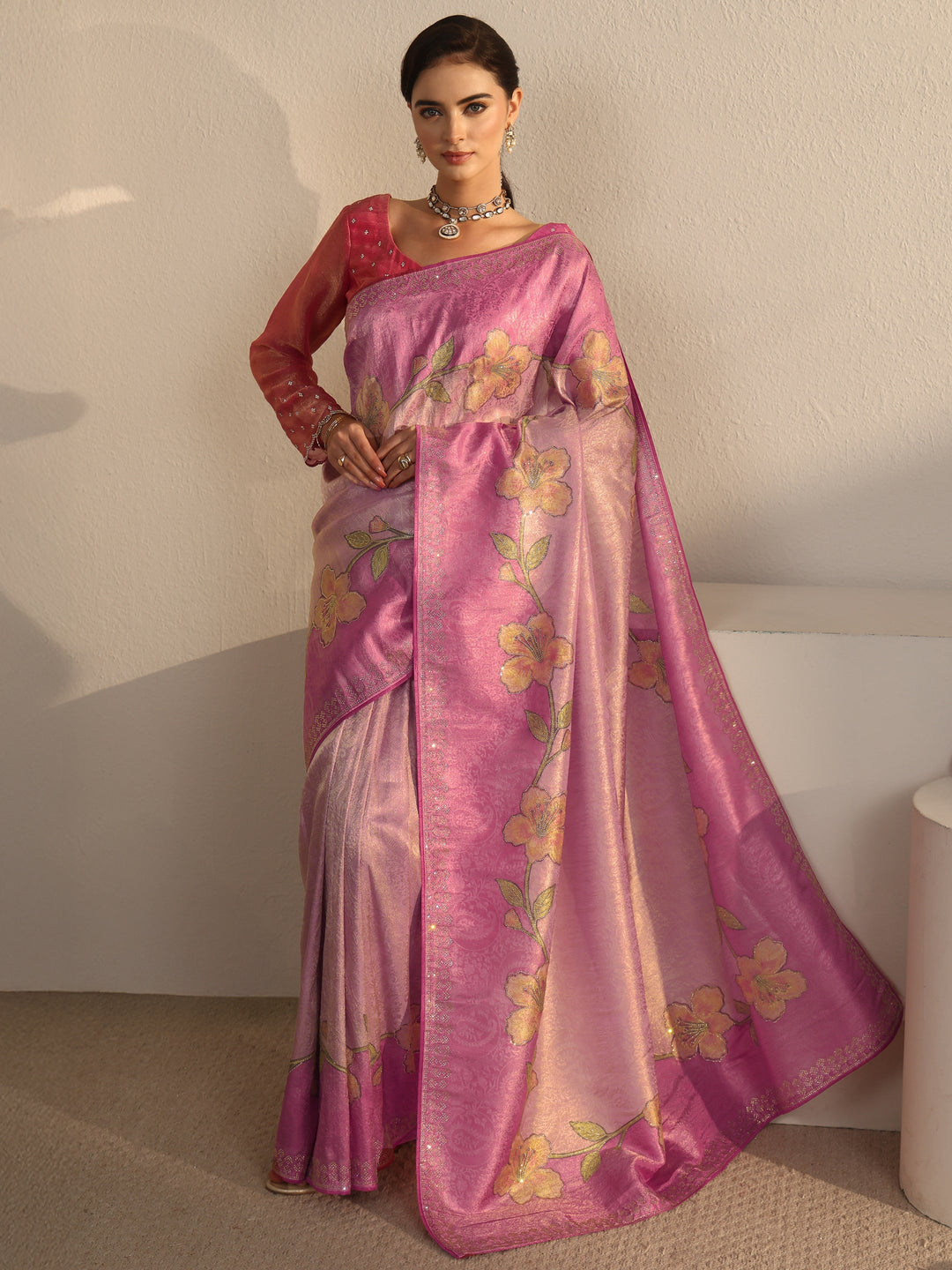 Libas Pink Floral Stone Work Embellished Silk Blend Saree