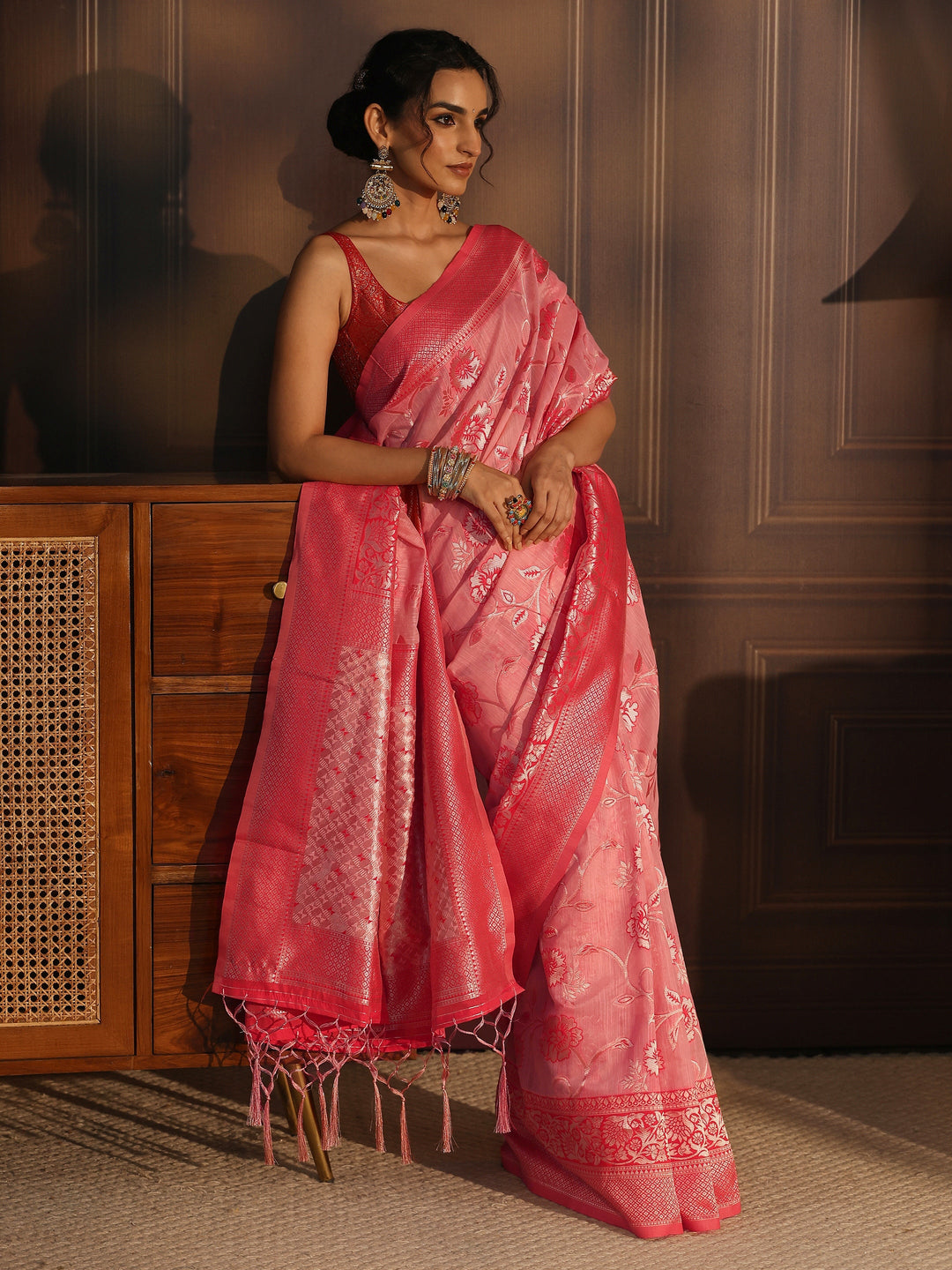 Libas Pink Floral Woven Design Cotton Blend Tassel Saree