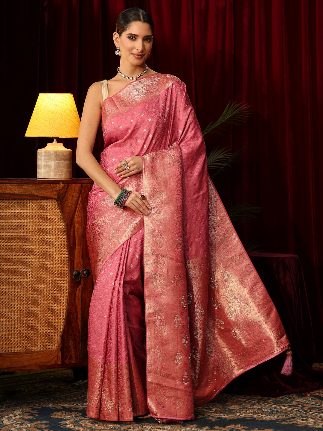  Libas Pink Floral Woven Design Satin Saree with Embellished Pallu 
