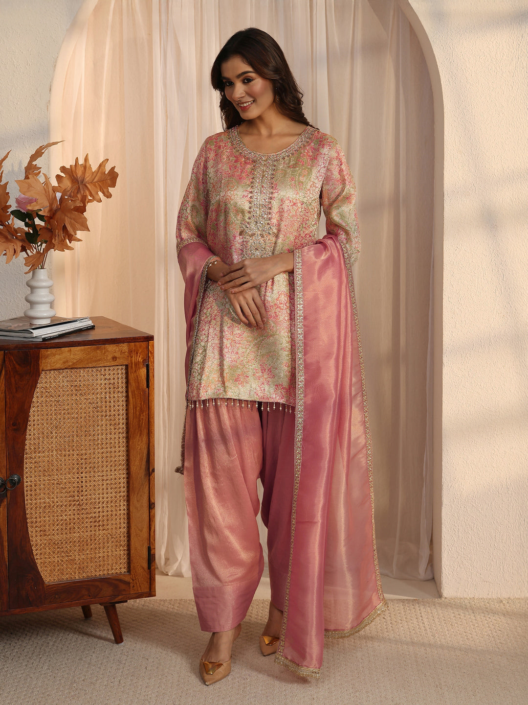  Libas Pink Floral Woven Design Silk Blend Farshi Salwar Suit 