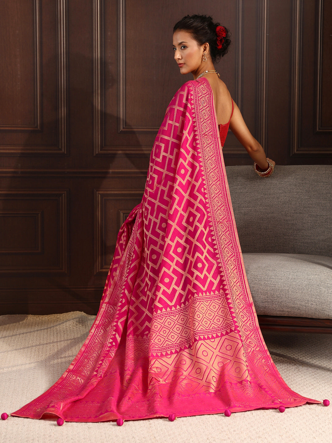Libas Pink Geometric Woven Design Silk Blend Saree