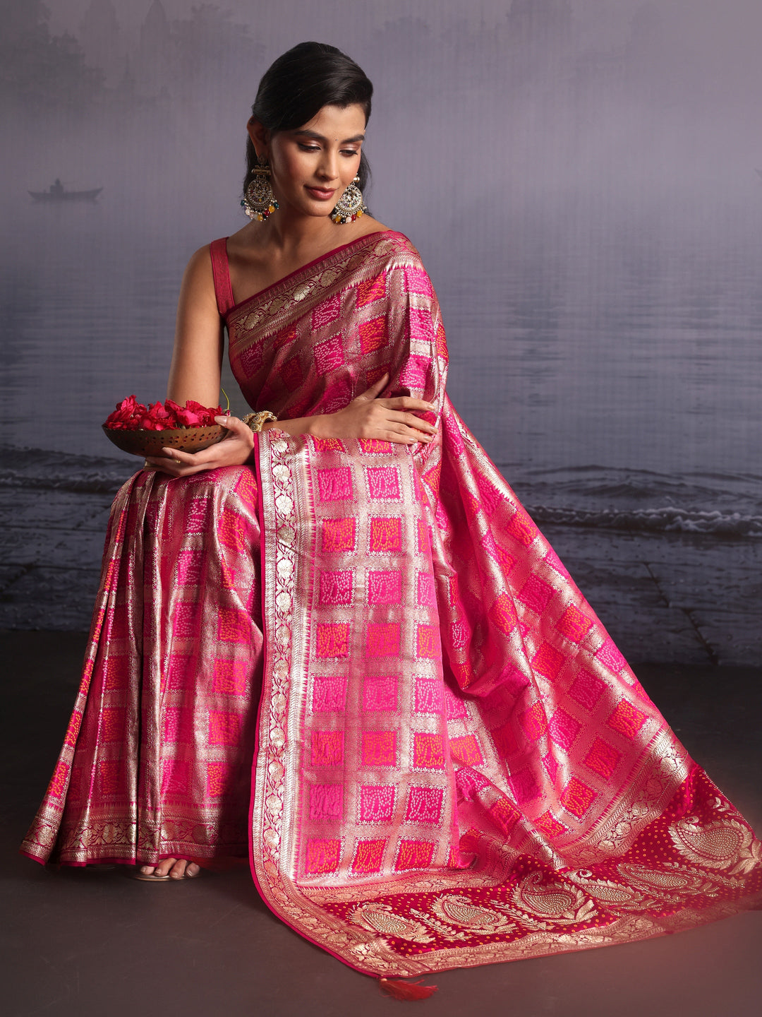  Libas Pink Gharchola Silk Blend Saree with Paisley Weave Pallu 