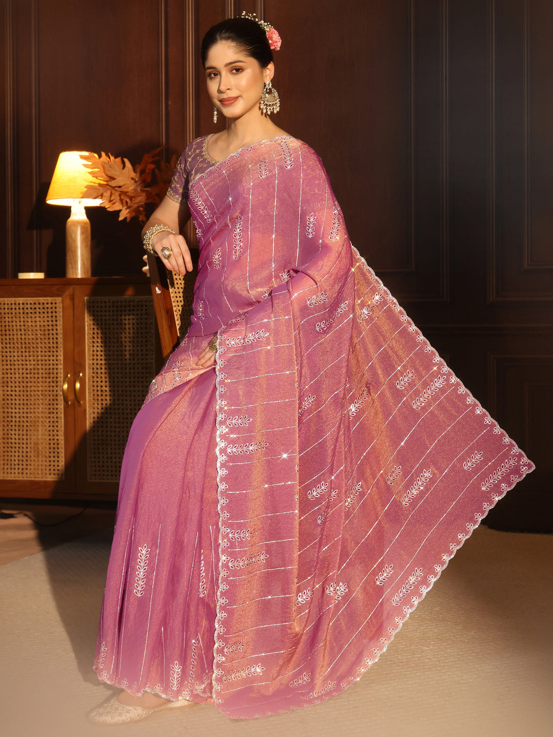 Libas Pink Leafy Stone Work Embellished Tissue Saree