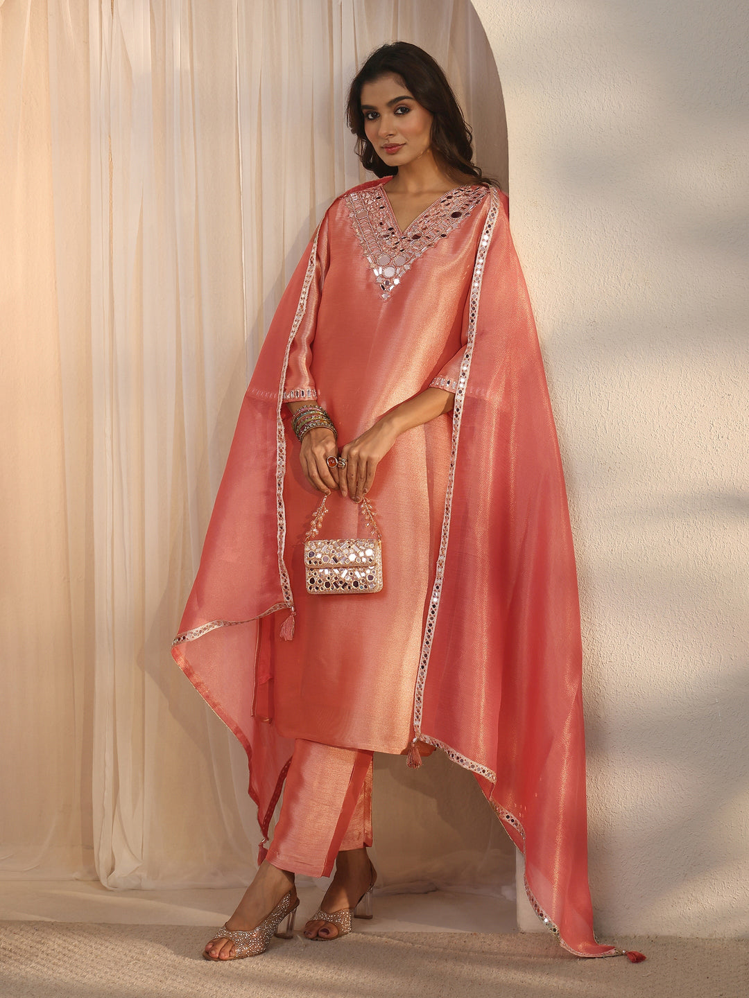  Libas Pink Mirror Work Embellished Tissue Straight Suit Set 