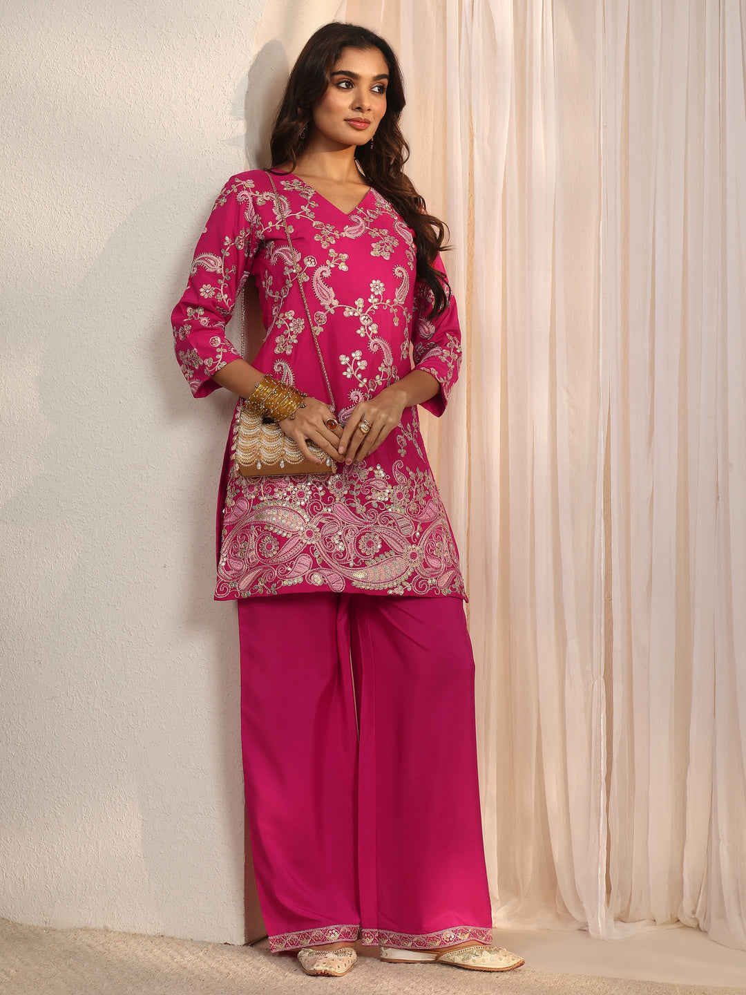  Libas Pink Paisley Embroidered Silk Blend Co-Ord Set 