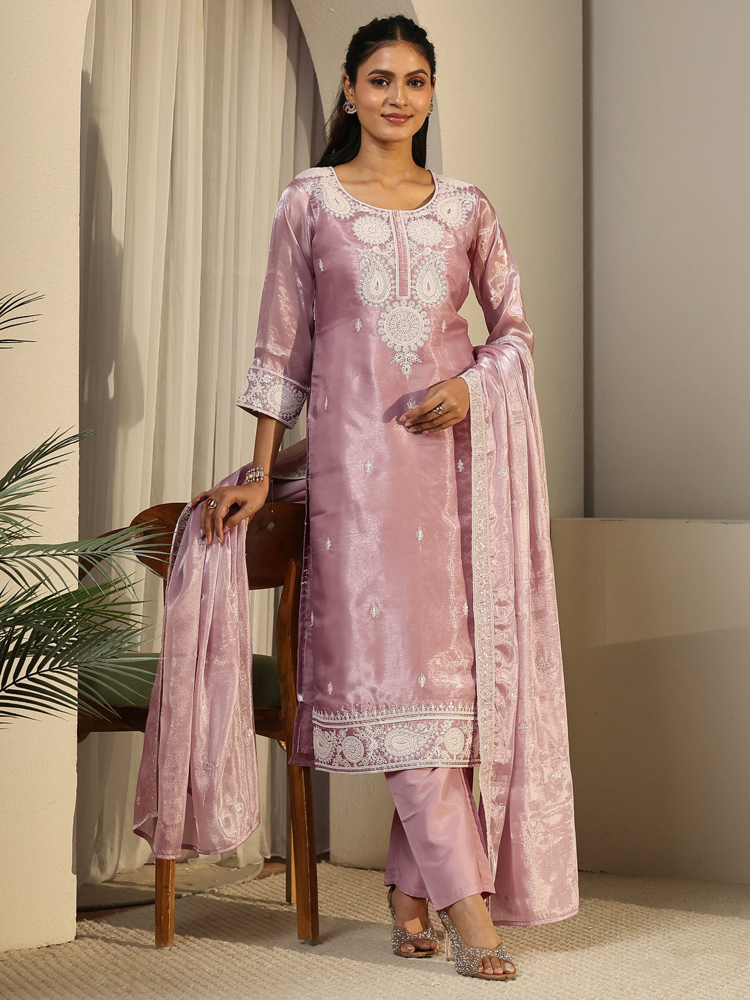  Libas Pink Paisley Embroidered Tissue Straight Suit Set 