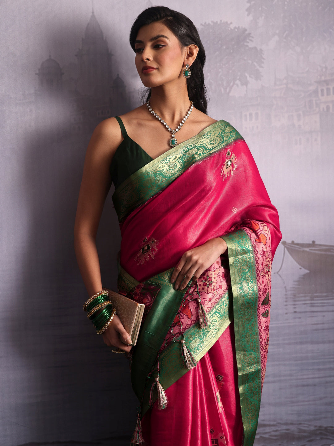  Libas Pink Patola Print Embellished Silk Blend Tassel Saree 