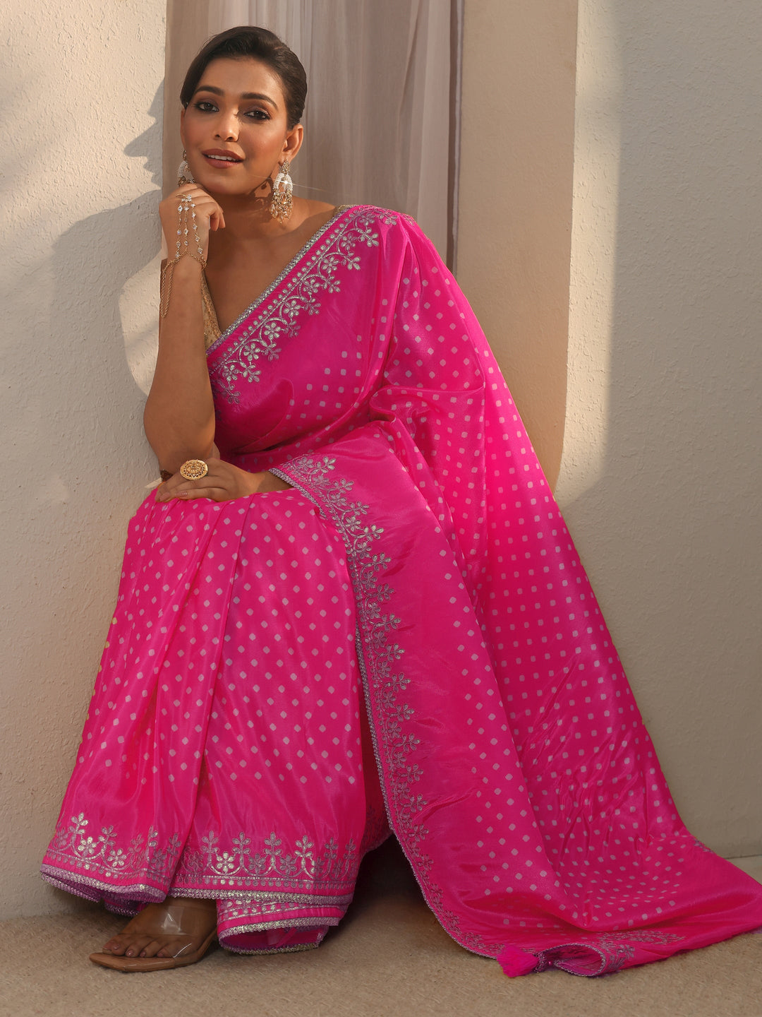  Libas Pink Printed Satin Saree with Embroidered Border 